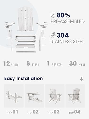 Miniatura 6 de KINGYES Folding Adjustable Adirondack Chair with Ottoman, Weather Resistant Fire Pit Chair with Cup Holder HEPE Versatile Adirondack Chair with