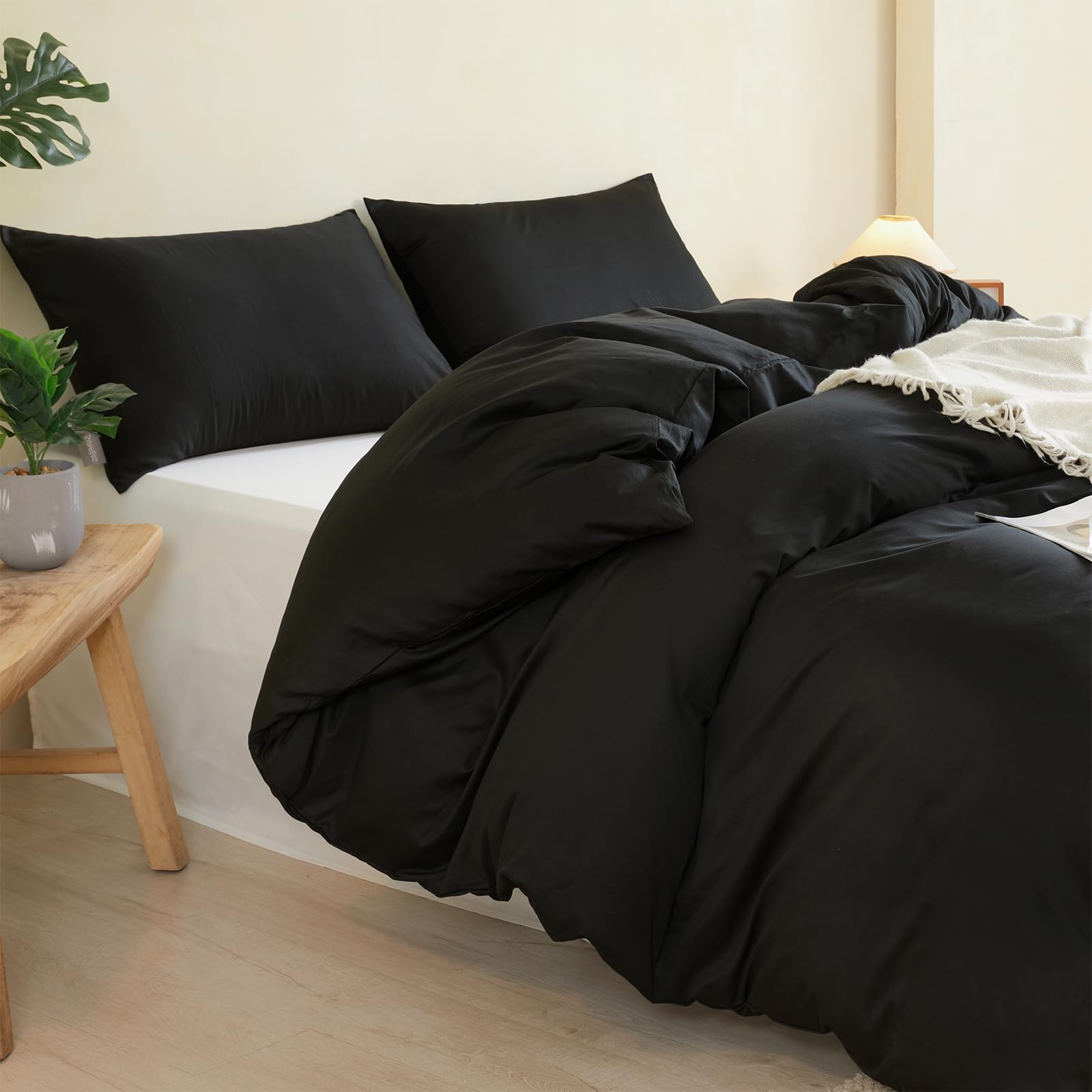 SAPHREAS Black Duvet Cover Set 100% Cotton Double Size 3Pcs Simple style Plain Bedding Soft Comforter Cover Set 1 Duvet Cover with Zipper 2 Pillow Shams, Comforter Not Included — image 1