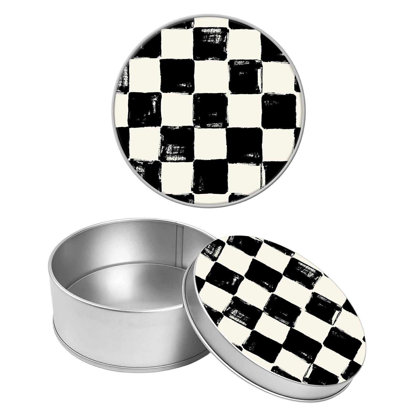 Round Metal Tin Container with Removable Lid, Black and White Checkerboard Durable Metal Storage Box for Crafts Snacks Candies Office Supplies Small Items 3.54 x 1.38 inch– Single Pack