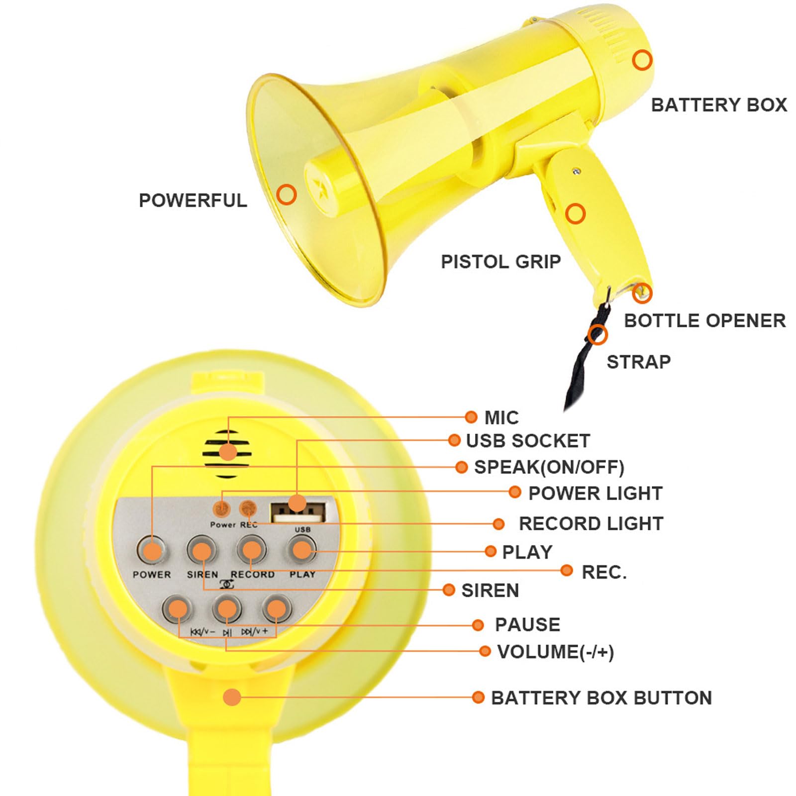Tragbares Megafon, 20 Watt Leistung, tragbares Megafon, Bullhorn-Sirene/Alarm und 240s-Aufnahme mit Lautstärkeregler und Gurt, für Innen- und Außenlautsprecher, Sirene, Bullhorn