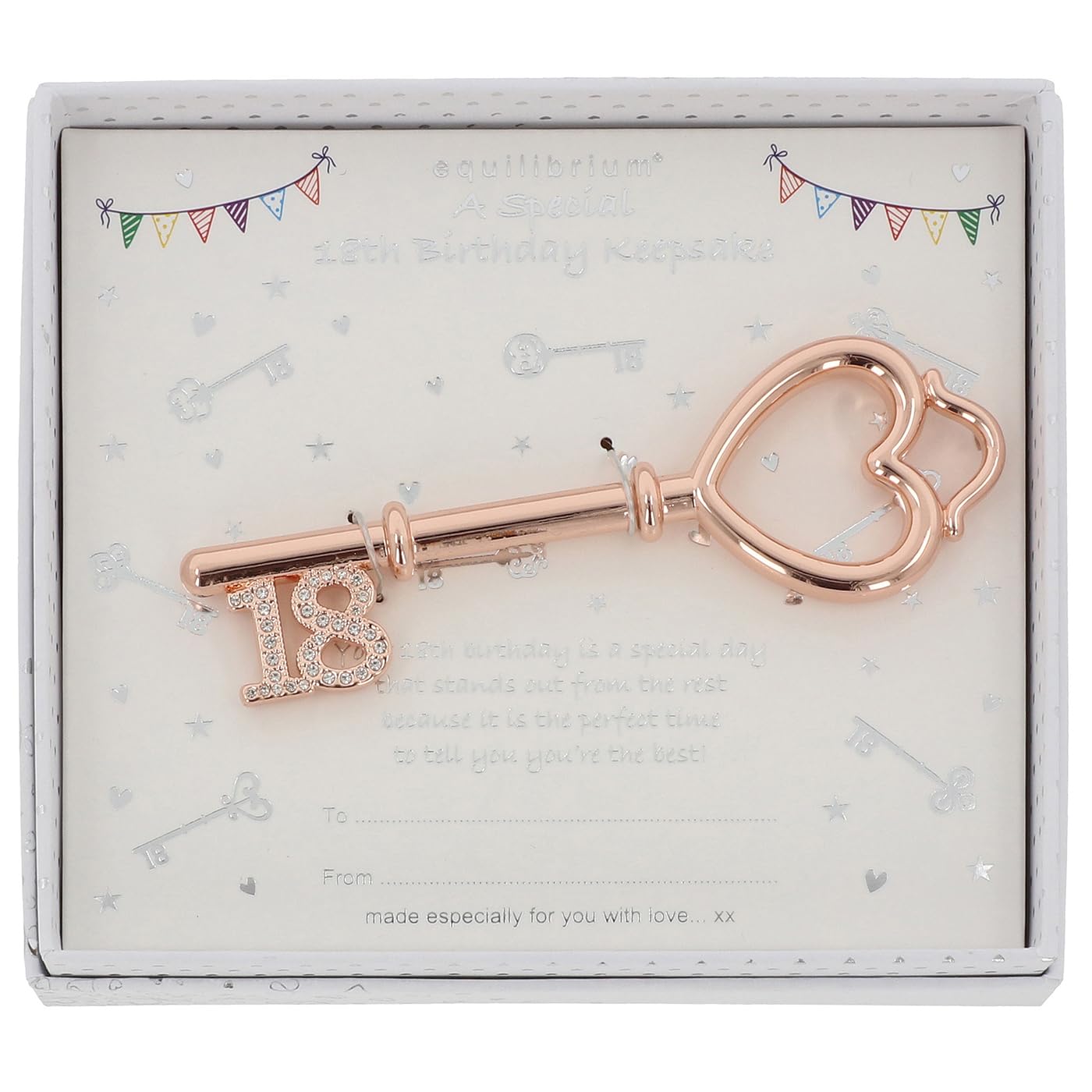 Equilibrium Diamante Heart Large 18Th Key Rose Gold Crystal Heart Key, 21X15cm Decorative Box With Diamante Details And Bunting Designs, Gift For 18Th And 21St Celebrations (Diamante Heart Large 18Th Key)
