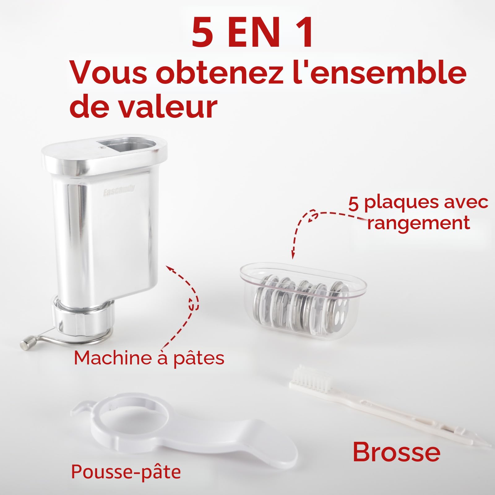 Eascandy Presse à pâtes gourmet en métal pour batteur KitchenAid - Accessoire durable en métal avec 5 plaques interchangeables pour pâtes fraîches maison