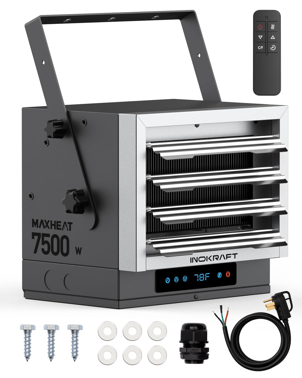 InoKraft 7,500W Electric Garage Heater, Wire: 8 AWG, Plug: NEMA 14-50P, Remote, Ceiling Mount, Digital Thermostat, 240 Volt, 24-Hour Timer, Overheat Protection, ECO Mode, Ideal for Garage