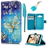 Galaxy Core Prime Case, MOLLYCOOCLE Blue PU Leather Wallet Case 3D Relief Pattern TPU Inner Bumper Credit Card Holders Hand Strap Cover Samsung Galaxy Core Prime - Golden Butterfly
