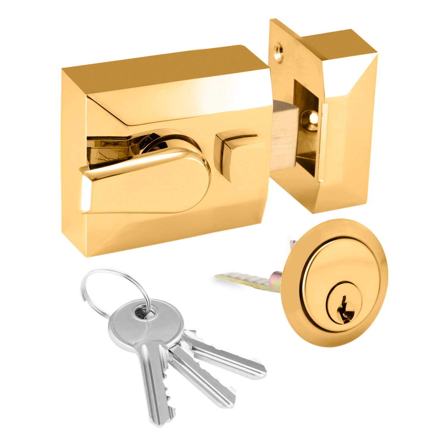 XFORT® Narrow Deadlocking Night Latch 40mm, Complete with Rim Cylinder and 3 Keys, Elegant Polished Brass Nightlatch, External Door Lock for Front Door, High Security for Your Home or Workplace