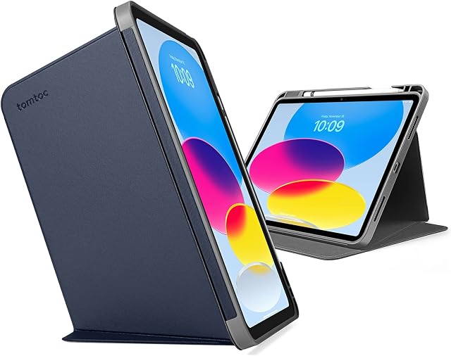 tomtoc iPad Case Vertical Tri-Mode Case Compatible with 10.9 Inch New iPad 10 2022, Protective iPad Case with iPad Pencil Holder, Magnetic Kickstand for 3 Use Modes, Auto Wake/Sleep Cover, Blue