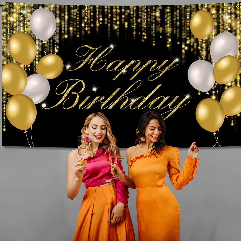 Verjaardag achtergrondbanner, Happy Birthday banner, fotografie, decors, voor bruiloften, verjaardagsfeesten, achtergrondfoto, studio, gouden decor ( 1,75 m x 1,62 m