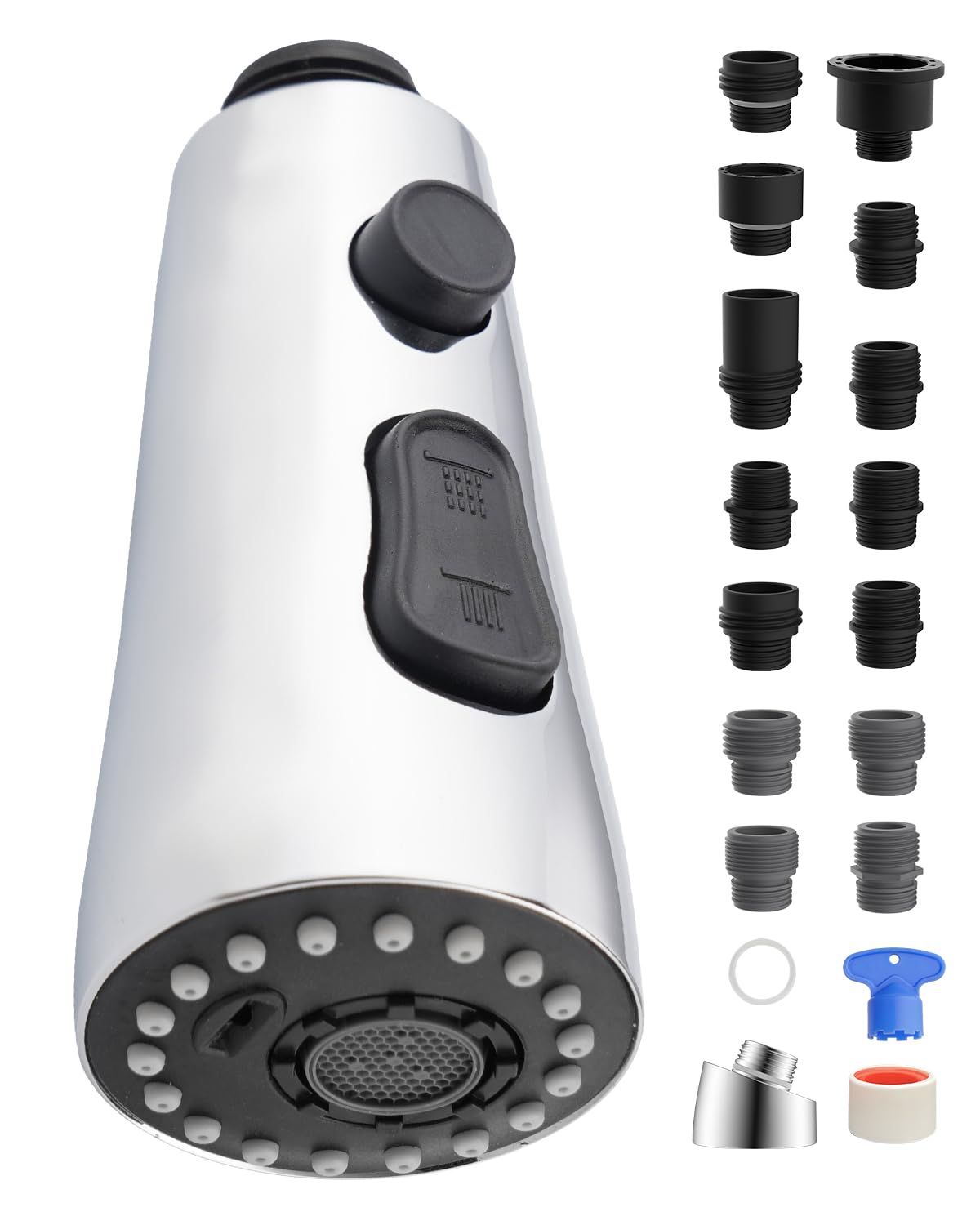 Cabezal universal de repuesto de grifo de cocina extraíble con 15 adaptadores, 3 modos de agua, cabezal rociador de grifo de fregadero de cocina, acabado cromado