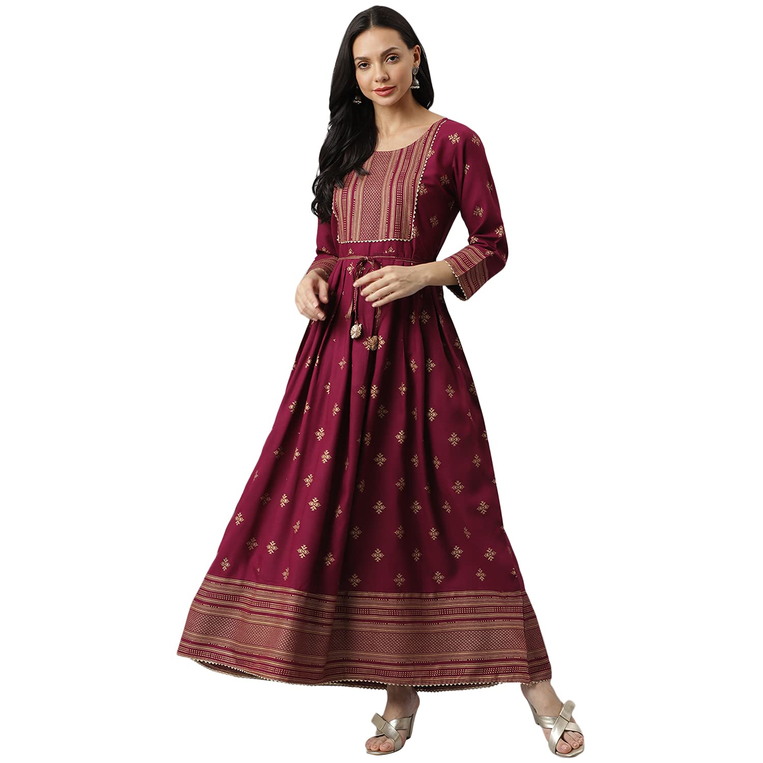 Stylum Women's Printed Rayon Flared Kurta (Wine)
