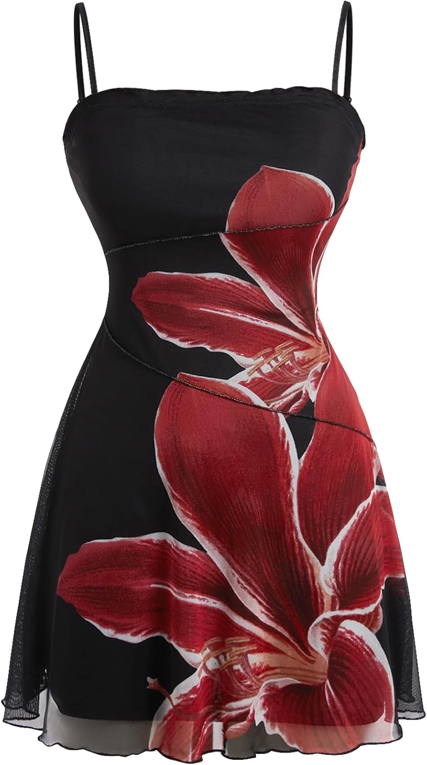Verdusa Womens Spaghetti Strap Mesh Floral Mini Dress Holiday Party Short Dress Bodycon Summer Casual