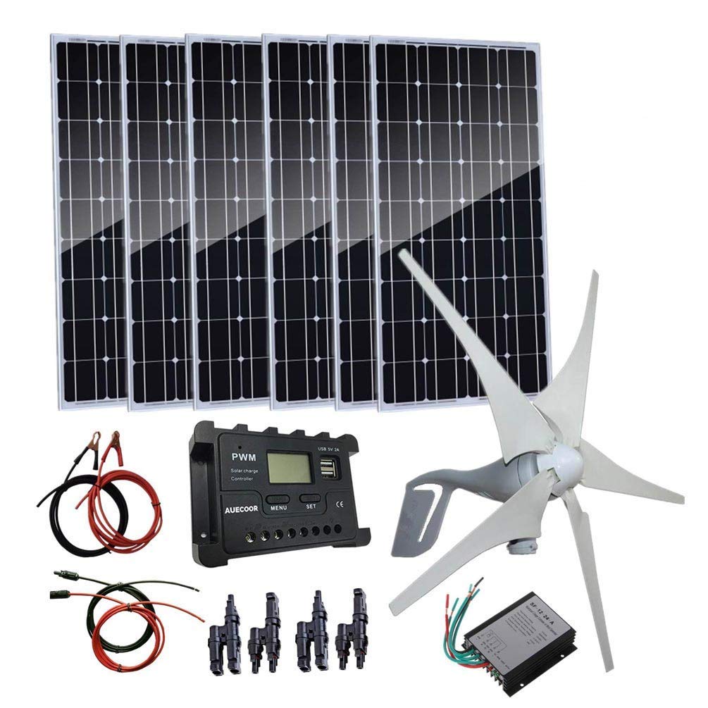 1000 Watts Solar Panel Wind Turbine Off Grid 24V Battery Charging Kit for Home Cabin Garage Garden Farm Factory