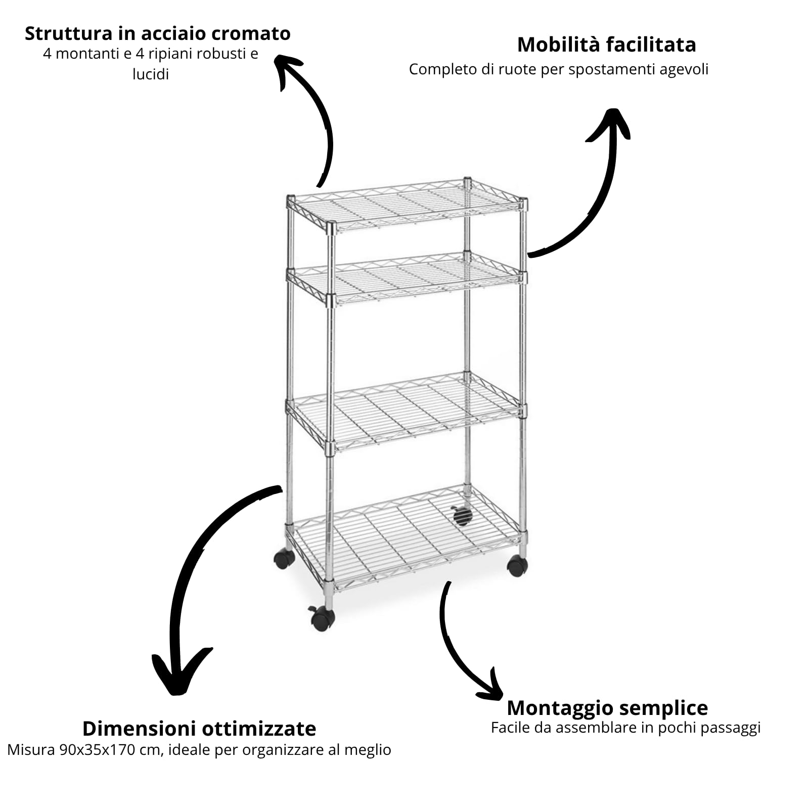 Scaffale in Metallo Scaffalatura con 4 Ripiani e Ruote Multiuso Salvaspazio in Acciaio Cromato Ideale per Casa,Ufficio,Soggiorno,Garage 90x35xH170 CM