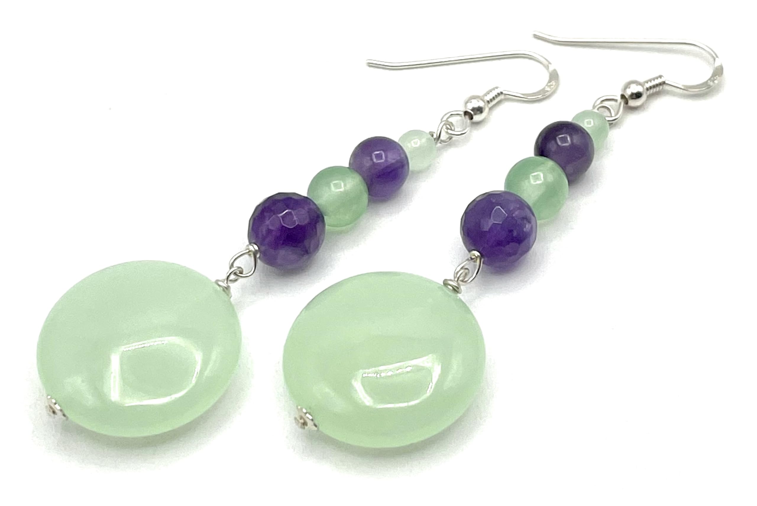 Orecchini Giada Verde e Ametista Viola, Pendenti in Argento 925, Gioielli Pietre Dure, Bijoux Estate, Regalo per Lei