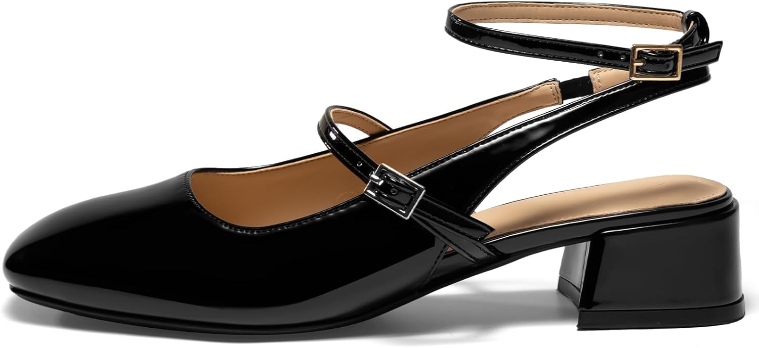 Womens Square Toe Mary Jane Pumps Chunky Low Heels Ankle Strap Slingback Wedding Party Dress Shoes