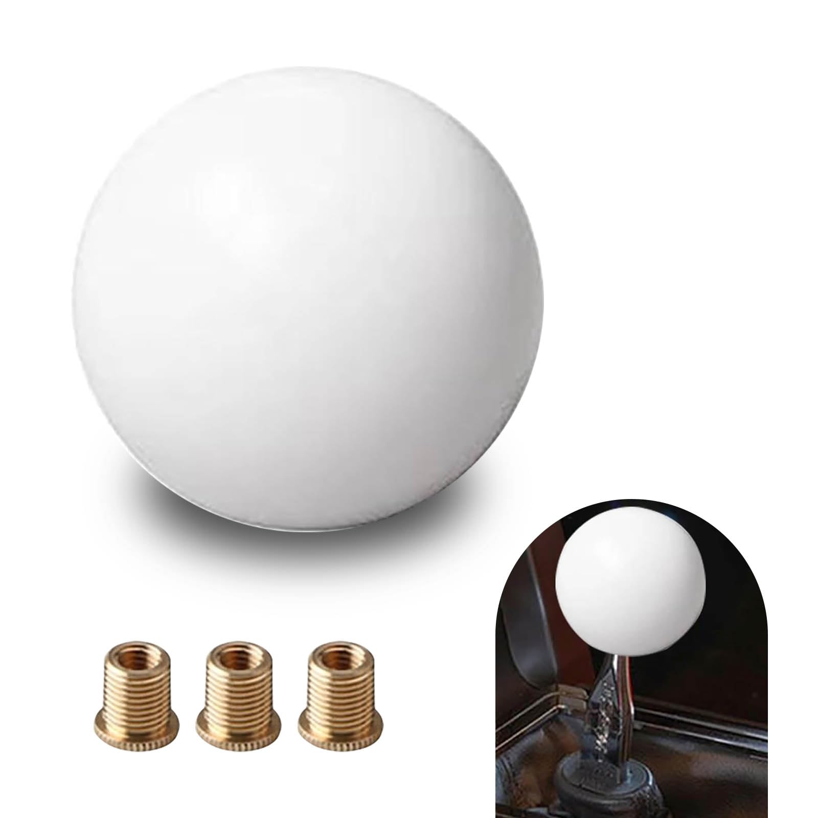 1 PC Car 2.17" Spherical Shift Knobs, Smooth and Comfortable Grip Shift Lever Head, Acrylic Rust-Proof Manual Gear Shift Knob Head with 3 Threaded Adapter, Universal for Cars (White)