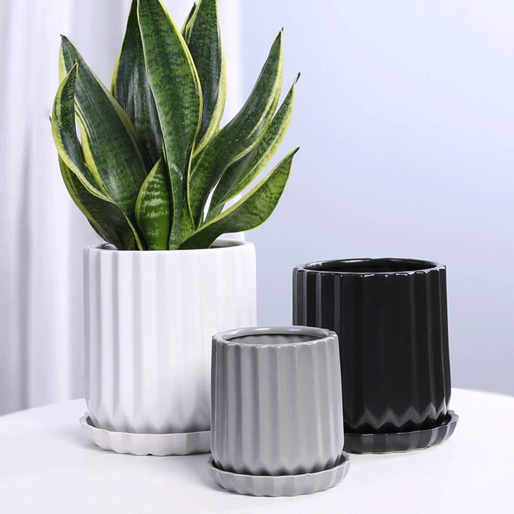 Doniczka do kwiatów do wnętrz w stylu serii, zielona rzodkiewka, doniczka z tacką ceramiczną, 3 rozmiary, doniczka na sukulenty i kaktusy, ciekawa dekoracja biurowa (szara, 14,5 cm x 17,2 cm
