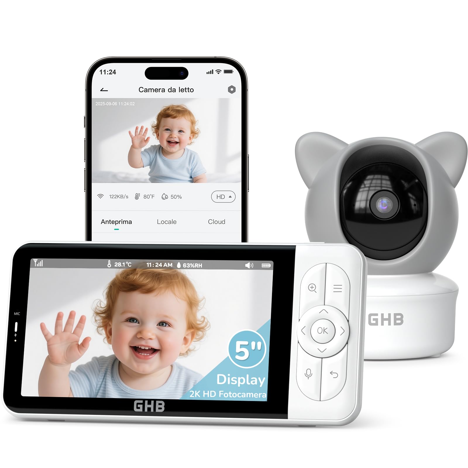 GHB Baby Monitor Video e Audio 5", Telecamera 2K, 350°/65° PTZ, 3000mAh, Controllo Tramite App e Monitor IPS, Rilevamento di Movimento/Pianto/Temperatura, Visione Notturna