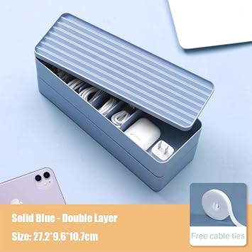 STARRY G Double Layer Cable Tidy Box with Lid, 7 Grids Cable Organizer Box, Large Wire Storage Box for Cables, Charger Plug, Power Strips, Solid Color Cable Management Box (Free 3M Cable Ties Roll)
