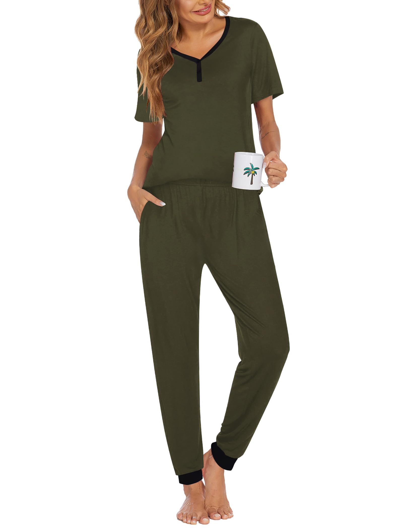 Ekouaer Pajamas for Women Set 2 Piece Short Sleeve Fall Pjs with Pockets