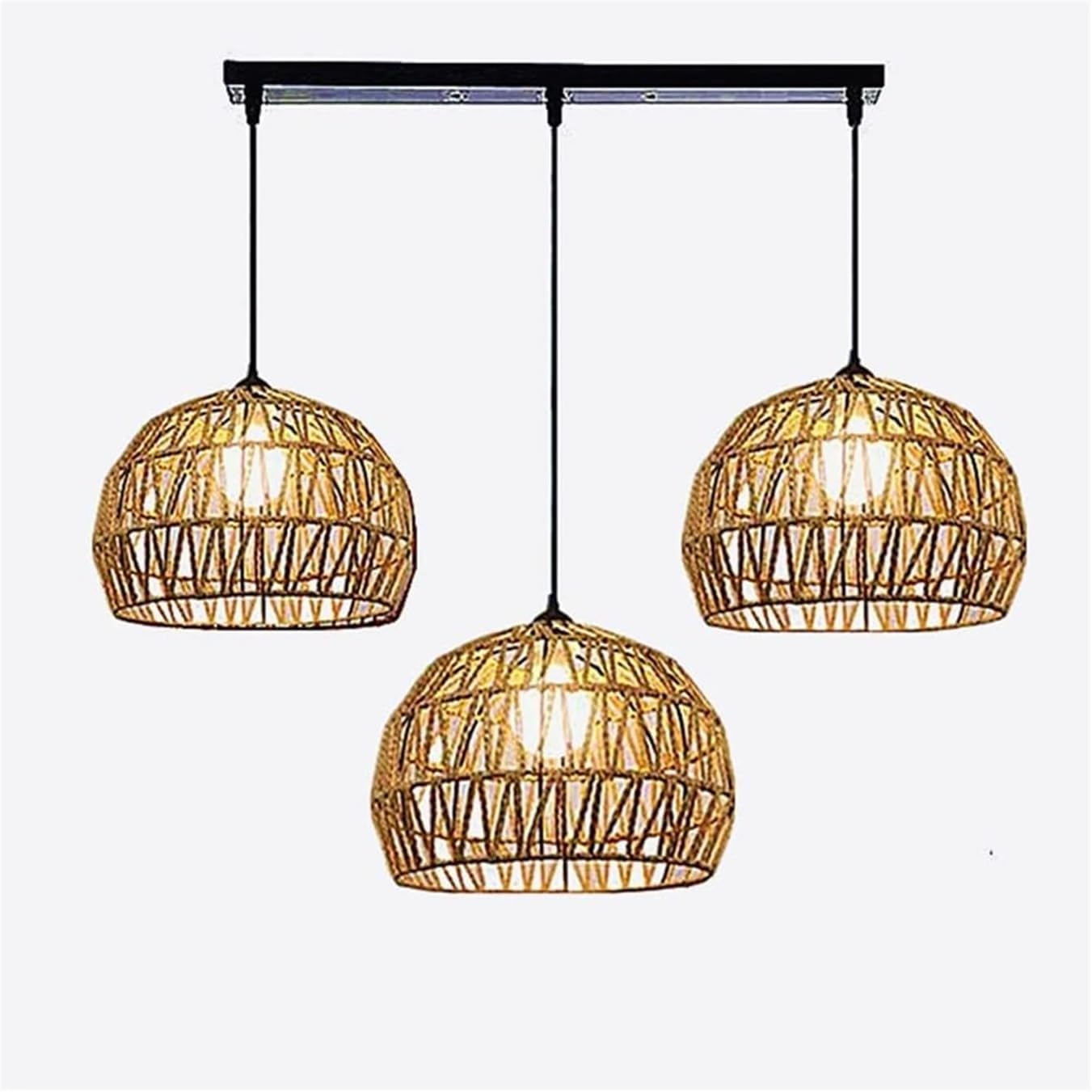 LYMSXAZOU Black Farmhouse Rattan Hanging Lighting Woven Boho 3 Light Pendant Light, Coastal Wicker Chandelier, V-intage Dome Ceiling