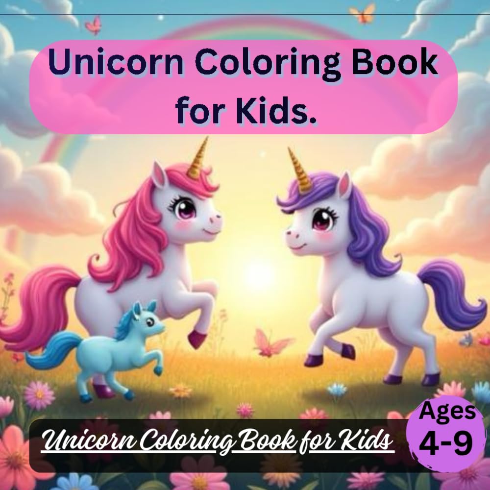 Unicorn Coloring Book for Kids Ages 4-9: 50 Beautiful and Easy Coloring Pages with Magical Unicorns, Rainbows and Stars