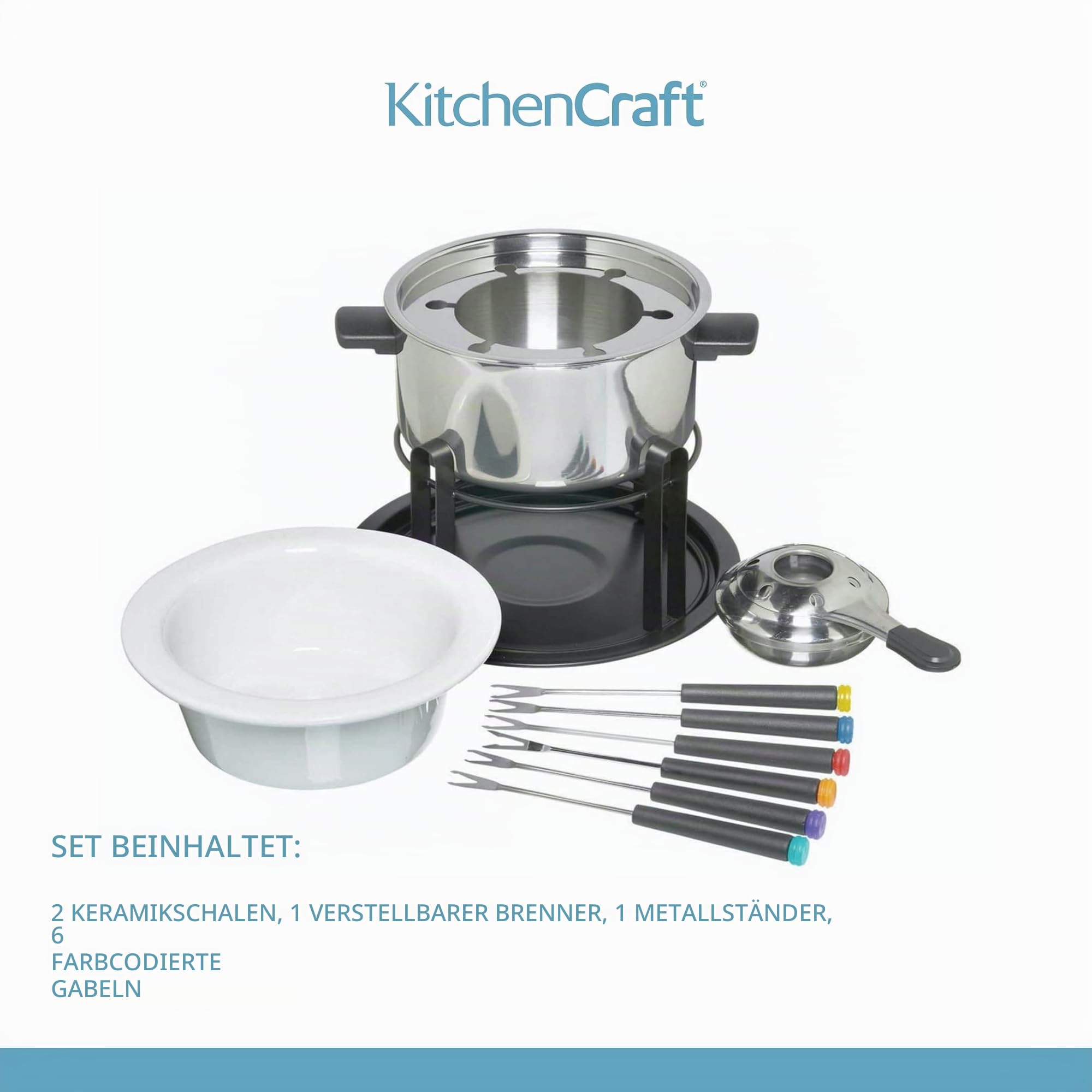 KitchenCraft 3-in-1 Fondue-Set mit farbcodierten Fondue-Gabeln (für Schokoladen-, Fleisch- und Käsefondue), Silber