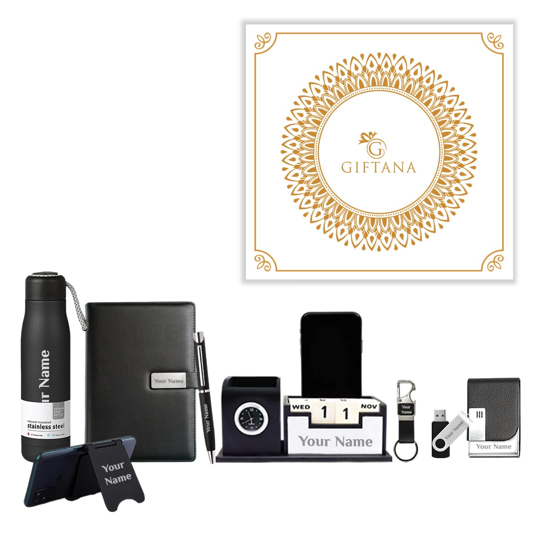 Giftana 8 in 1 Personalized Desk Organizer with Diary, Flask Bottle 500ml, Keychain, Mobile Stand, Pen Drive, Card Holder, Pen with Name, Employee Welcome Kit, Diwali Gifts for Employee - Black