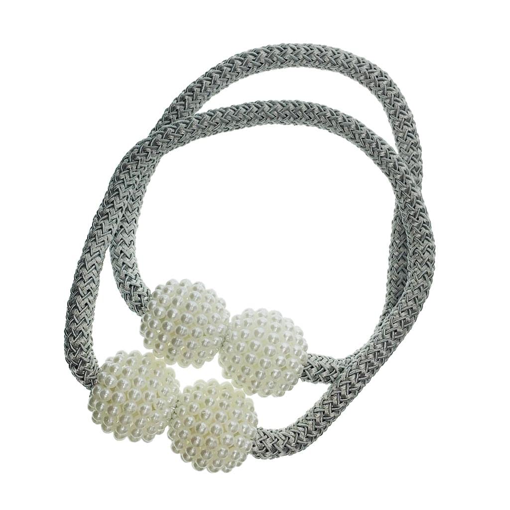 UniQMart 1 Pair of Pearl Curtain Tiebacks European Holdback with Magnetic Silver Grey 2