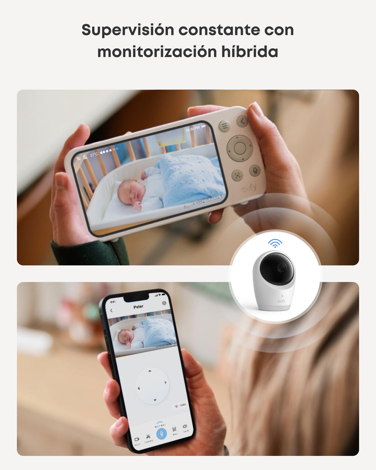 eufy Security E21 Monitor para bebés con cámara 4K UHD, Pantalla de 5, resolución 720p, conexión Wi-Fi y sin Wi-Fi, Control por App y Monitor, Giro e inclinación, Zoom 8X, batería integrada, ANR