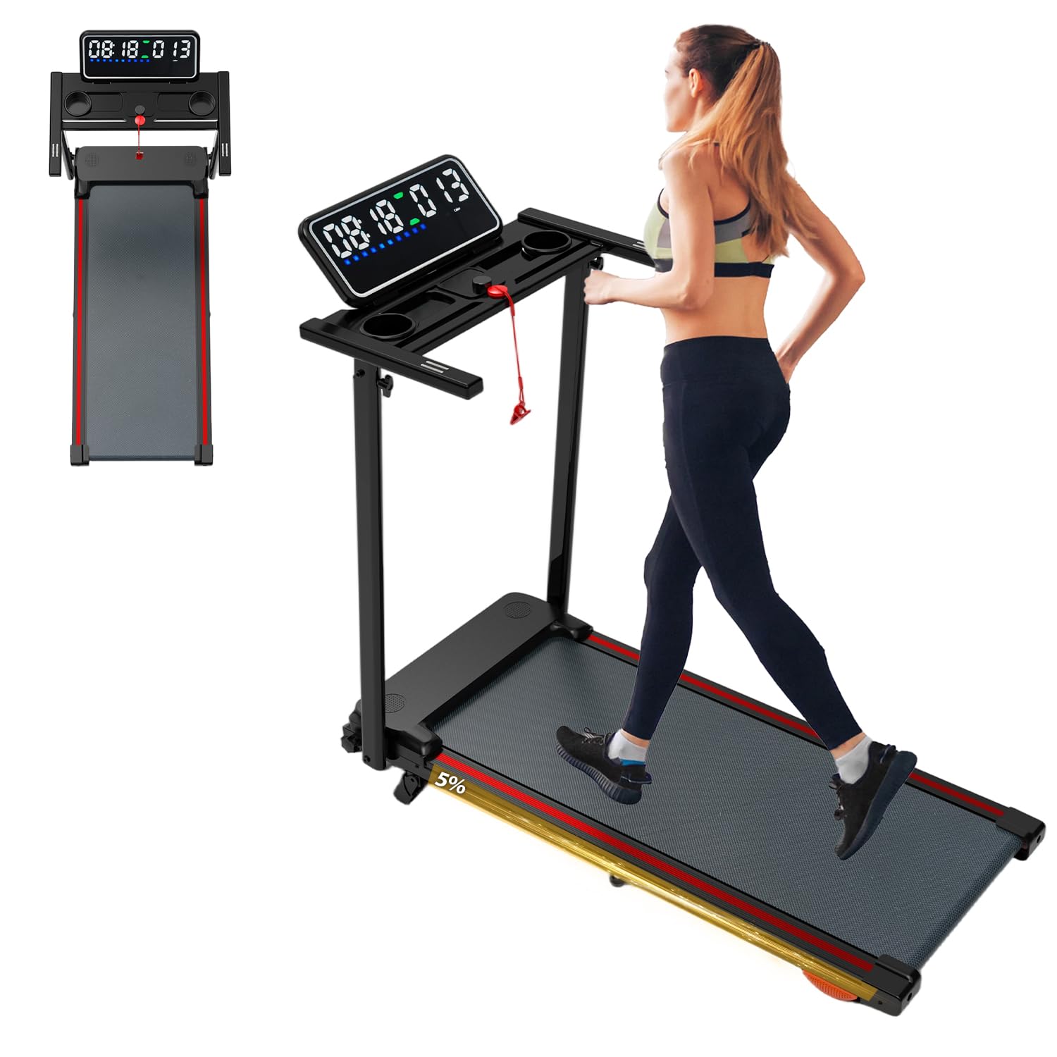Treadmills for Home, 5% Incline Treadmill, Folding Treadmill Filpped Screen and Heart Rate Sensor, 2.5 HP Quiet Brushless Touch Screen, 265 Lbs Weight Capacity (black&red)