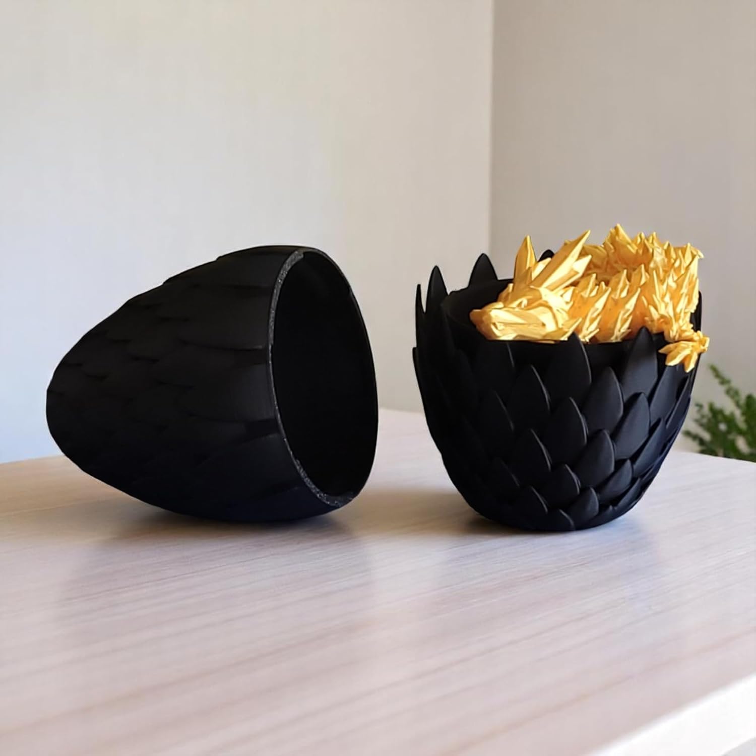 3D Printed Dragon Egg with Dragon - Black Egg with Gold Dragon - Large Flexible Fidget 3D Printed Toy, Gift Bag Filler, Desk Decoration, Party Favor, (12 Inch Dragon)