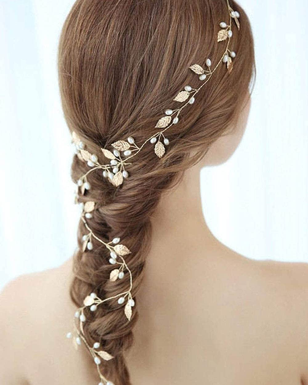 Vakkery - Accessorio per capelli da sposa, cerchietto a forma di pianta rampicante e fiori, con perle, per donne e ragazze (oro rosa