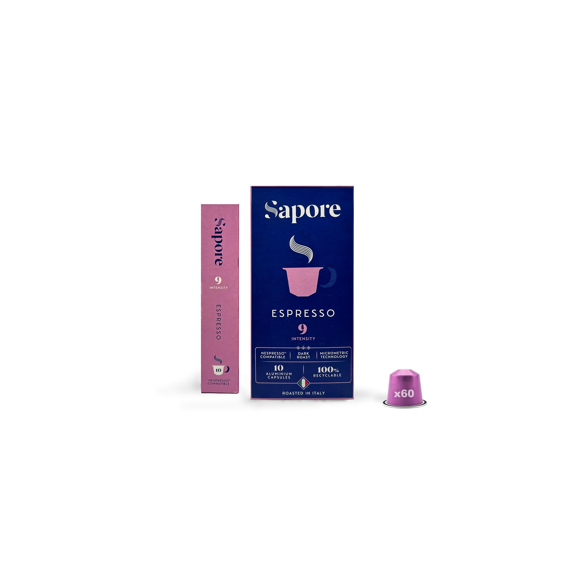 SAPORECoffee Variety Pack - x60 Capsules - Aluminium Coffee Pods Compatible with Nespresso Original line - 3 different roasts: Ristretto, Lungo, Espresso, Made in Italy (x60 Capsule, Espresso)