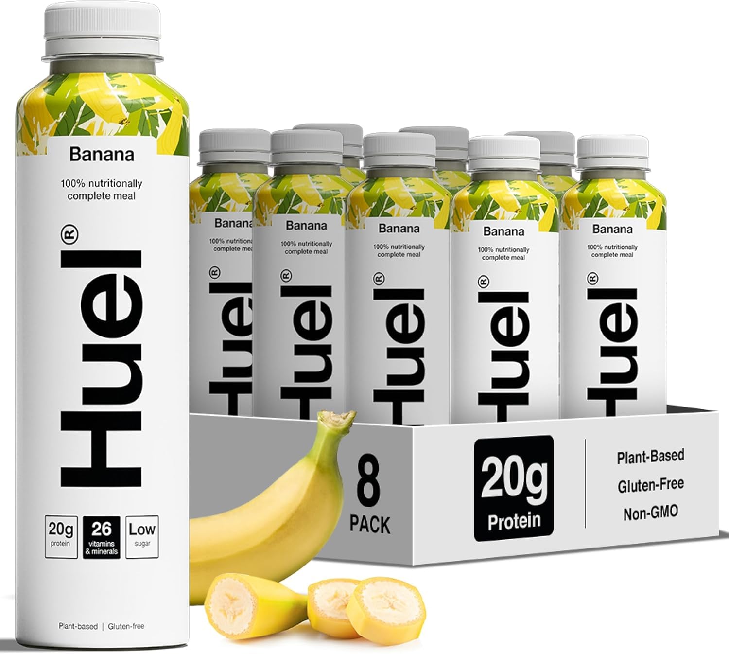 Huel Drink Banana, fertige Trinkmahlzeit für unterwegs - 8 x 500 ml - 20 g Protein, Reich an Vitaminen, Mineralstoffen & Ballaststoffen, Plant-based, Geschmack Banane, inkl. 2 € Pfand