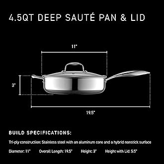 HexClad Hybrid Nonstick 4.5-Quart Deep Sauté Pan with Tempered Glass Lid, Stay-Cool Handle, Dishwasher-Friendly, Oven-Safe Up to 900°F, Induction Ready, Compatible with All Cooktops