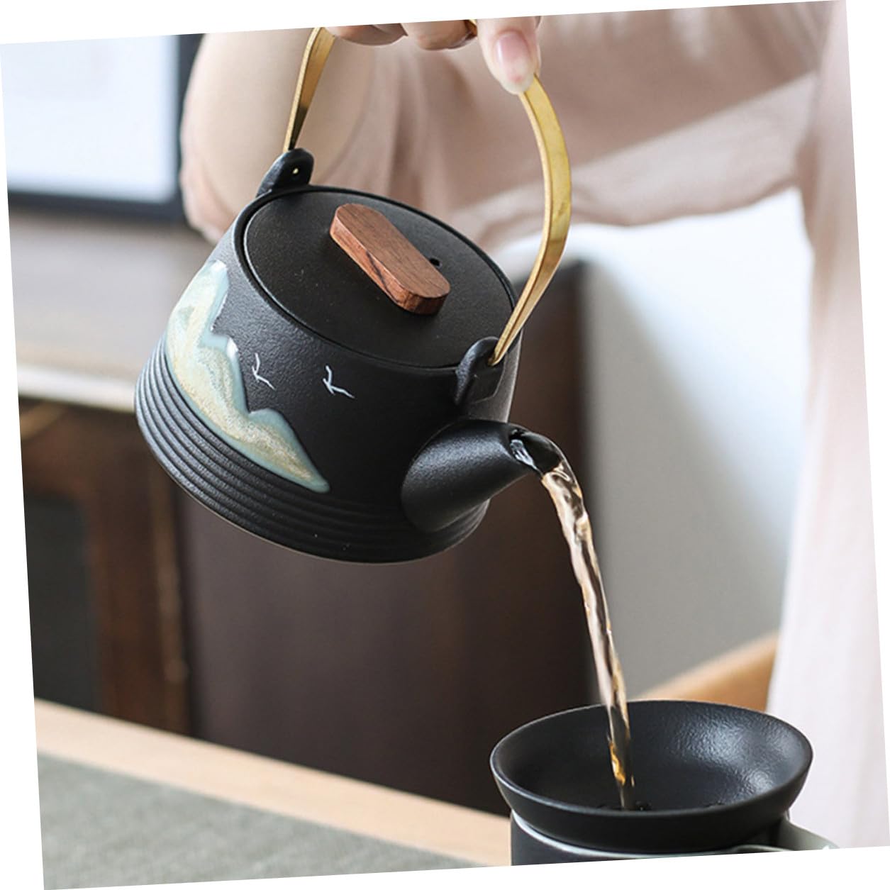 NUOBESTY Tetera Mango de Tacto Frío de Cerámica Negra Pintada a Mano para Hacer Té en Casa Sala de Té Profesional