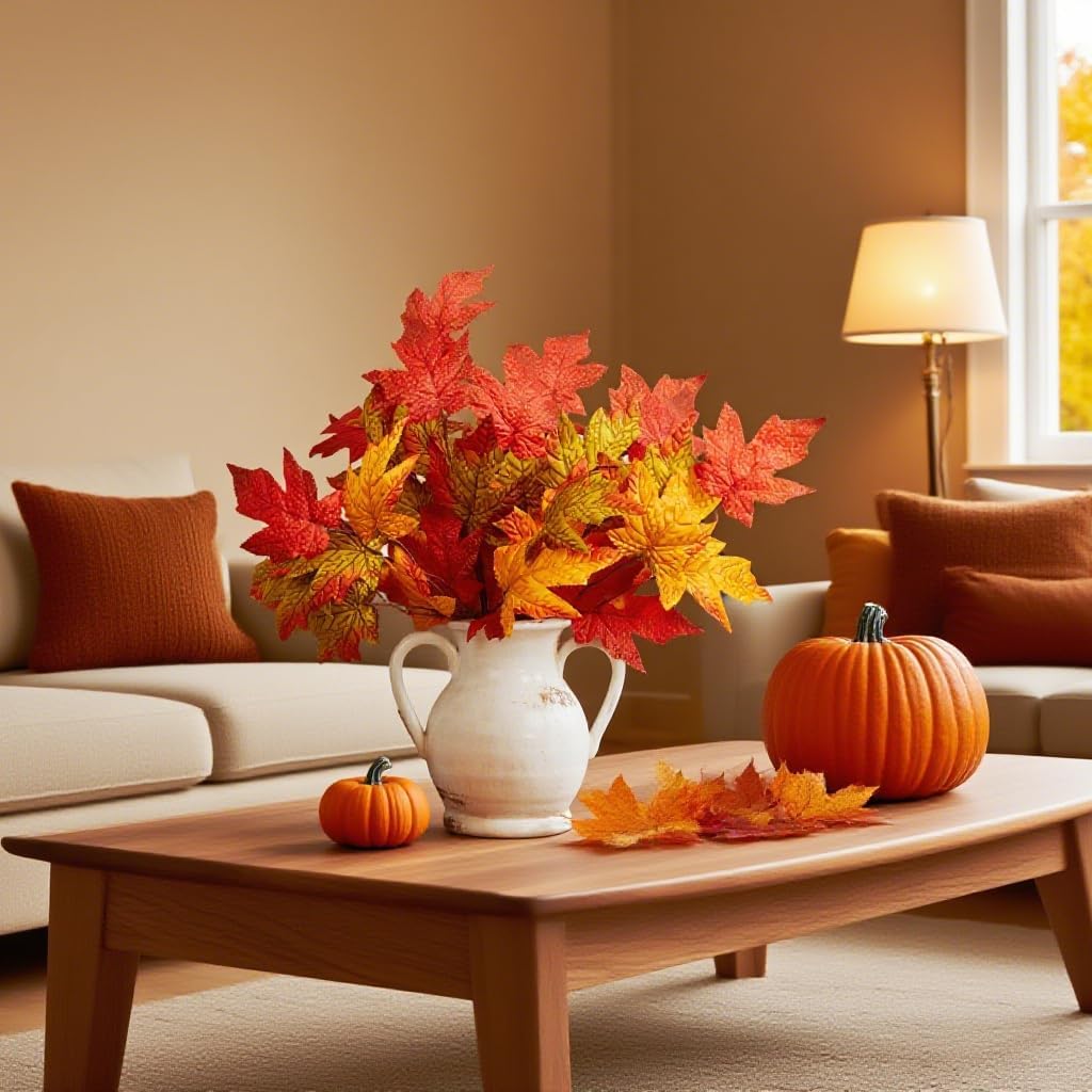 6 Pcs Fall Leaves Stems Fall Maple Leaves Silk Autumn Leaf Branches Orange Floral Stems Fake Autumn Leaf Branch for Home Vase Thanksgiving Table Centerpieces Halloween Décor - Image 6