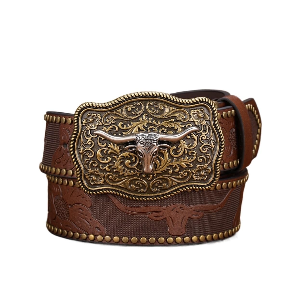 Cintura da cowboy western uomo e donna con cinturino lavorato floreale fibbia a testa di toro, cintura in pelle PU for jeans, 120 cm