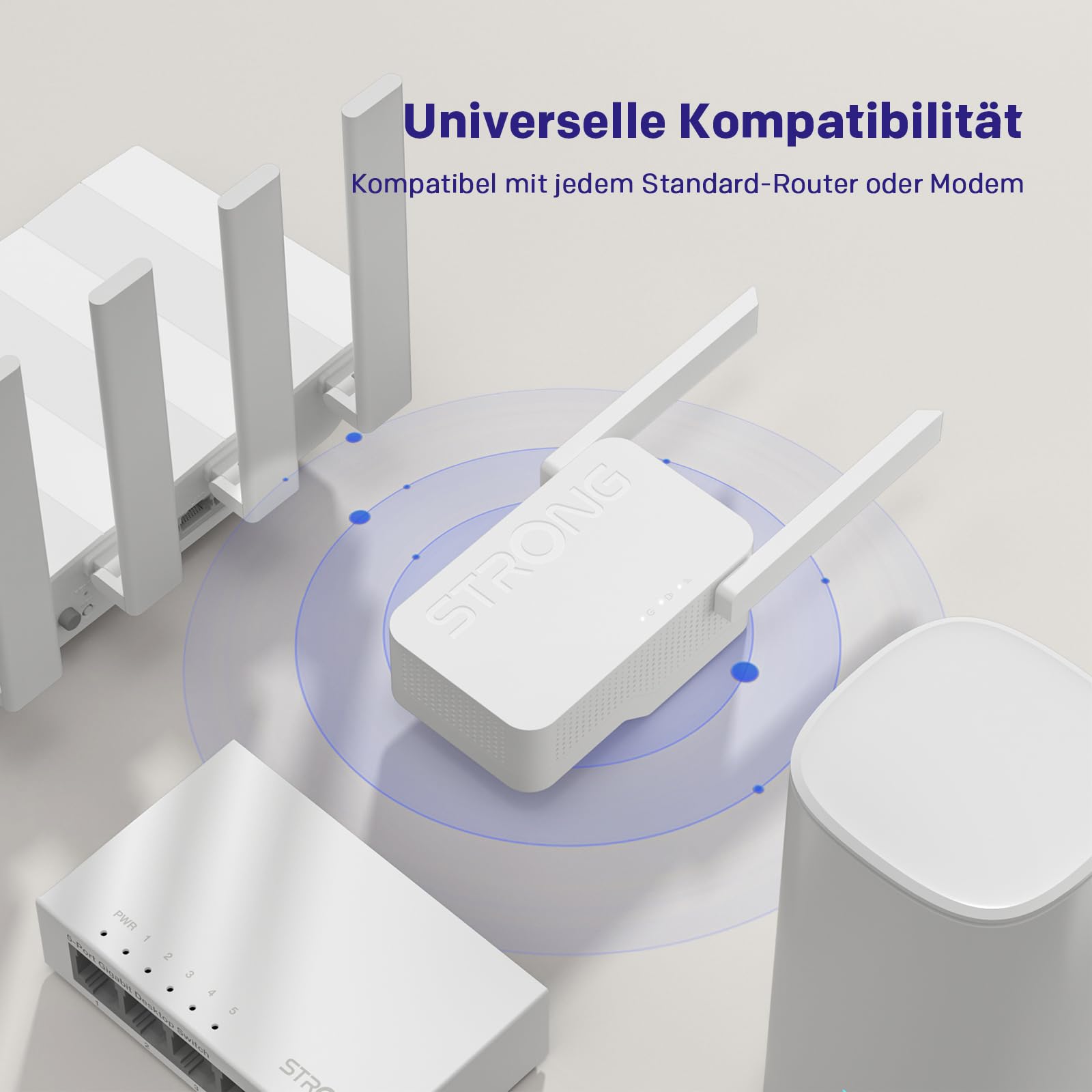 STRONG WLAN Verstärker AX3000 Wi-Fi 6 für Steckdose – Dualband Repeater & Internet Verstärker mit 2 externen Antennen, Smart LED, Access Point Modus, hohe Reichweite für Streaming & Gaming, kompatibel