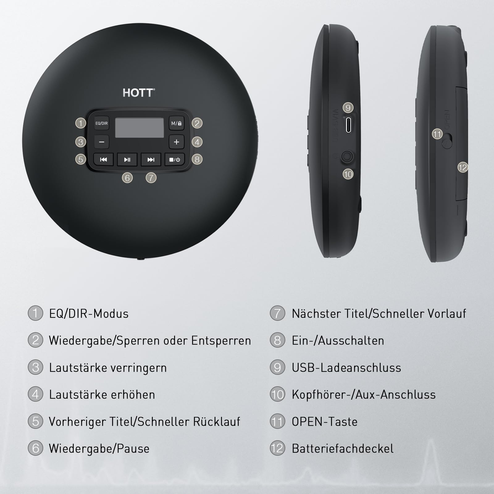 HOTT Tragbarer CD Player mit Tastensperre, dualer USB-C & Batteriestromversorgung sowie ASP-Anti-Shock, ausgestattet mit 3,5-mm-AUX-Ausgang – perfekt für Musik, Lernen und Geschenke (Schwarz)
