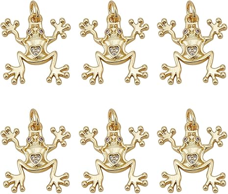 6 Pcs Gold Frog Pendant Charm with Cubic Zirconia Accents Animal Lucky Micro Pave Golden Frog Dangle Charms for Jewelry Making Charm Keychain Bracelets Necklace Accessories Craft