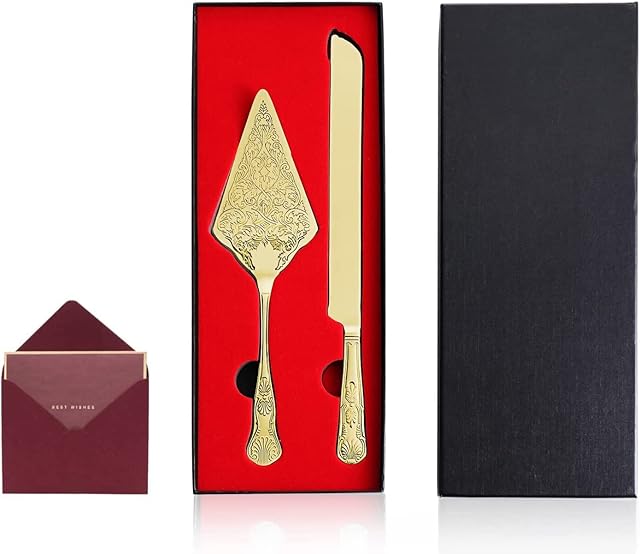 Cake Knife and Server Set: Stainless Steel Wedding Cake Cutting Set Plating with Carved Pattern Design Elegant Cake Pie Pastry Server Spatula Set Perfect for Wedding Birthday Shower Parties (Gold)