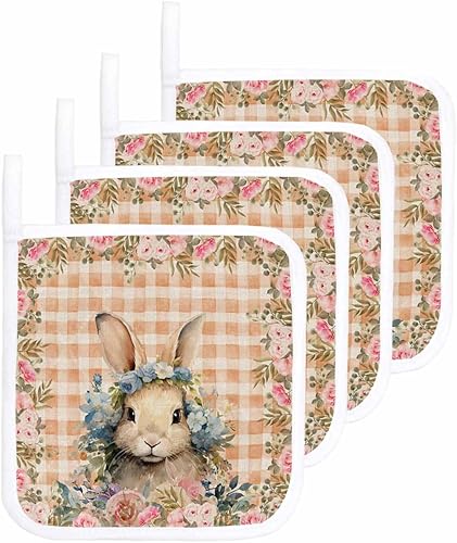 4 Packs Easter Rabbit Pot Holders Sets for Kitchen,Oven Pan Plate Bowl Pads Heat Proof Mat with Hanging Loop,Terry Cloth Potholders Soft Grip for