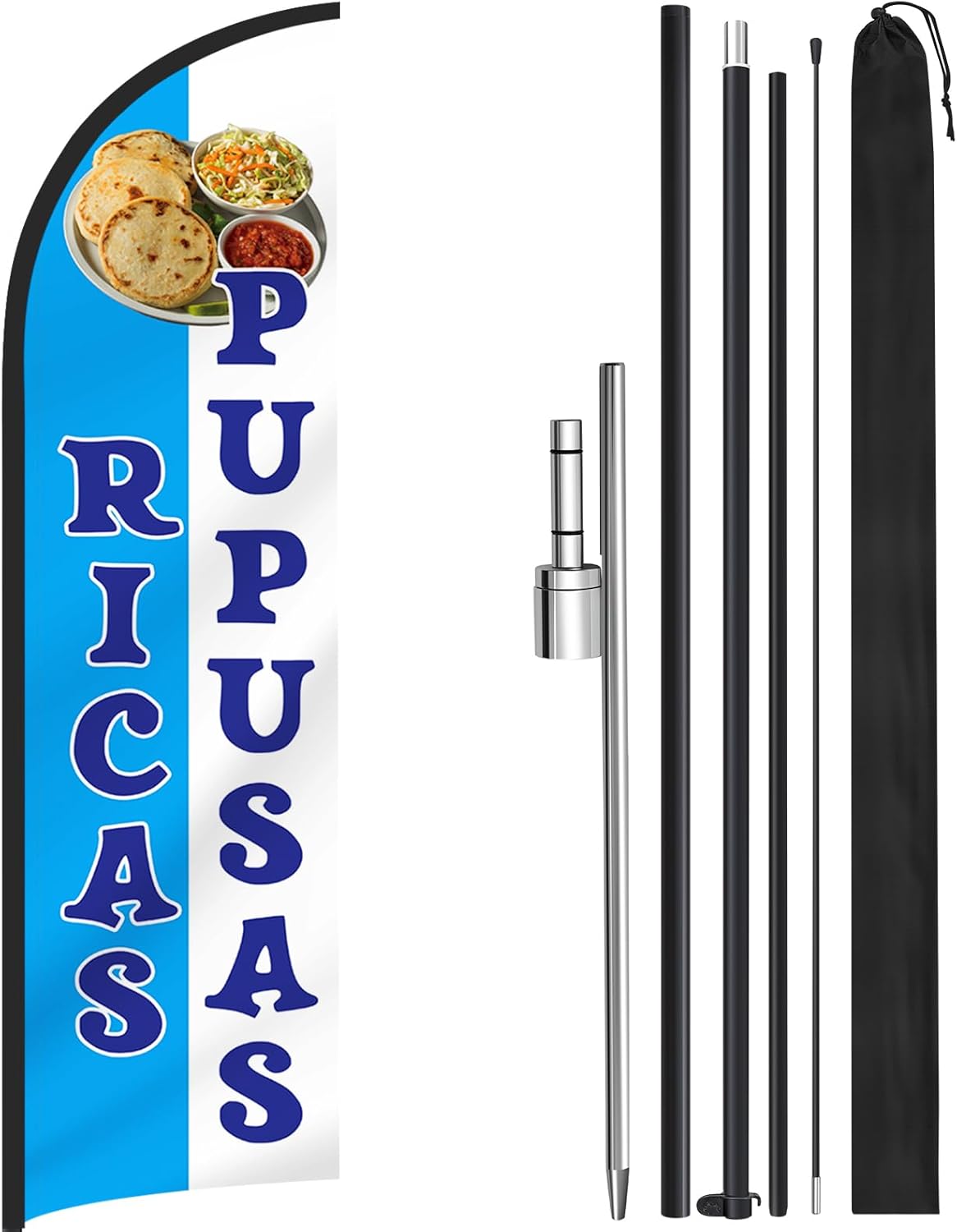 CroBlissful 12 ft x 2.5 ft Ricas Pupusas Advertising Feather Banner Swooper Flag Sign with Flag Pole Kit and Ground Stake for El Salvador Restaurant Business Advertising Store Fronts Shops Outdoor