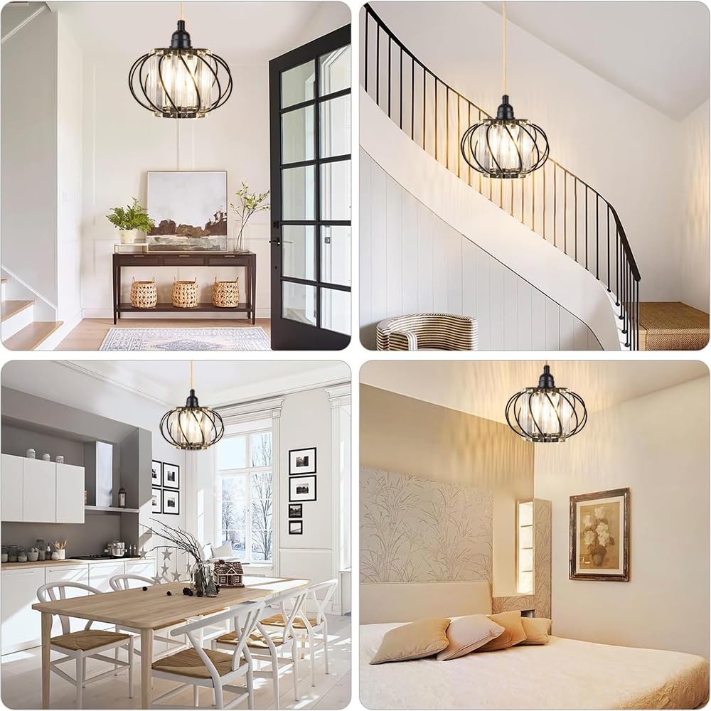 Pendelleuchte Kit mit Stecker E27 Retro Küche Hängelampe Lampenkabel mit 5 Meter Seil Kabel Dimmbar Plug in Hängeleuchte Schwarz Metall Kristall Lampenschirm Kronleuchter für Schlafzimmer Esszimmer