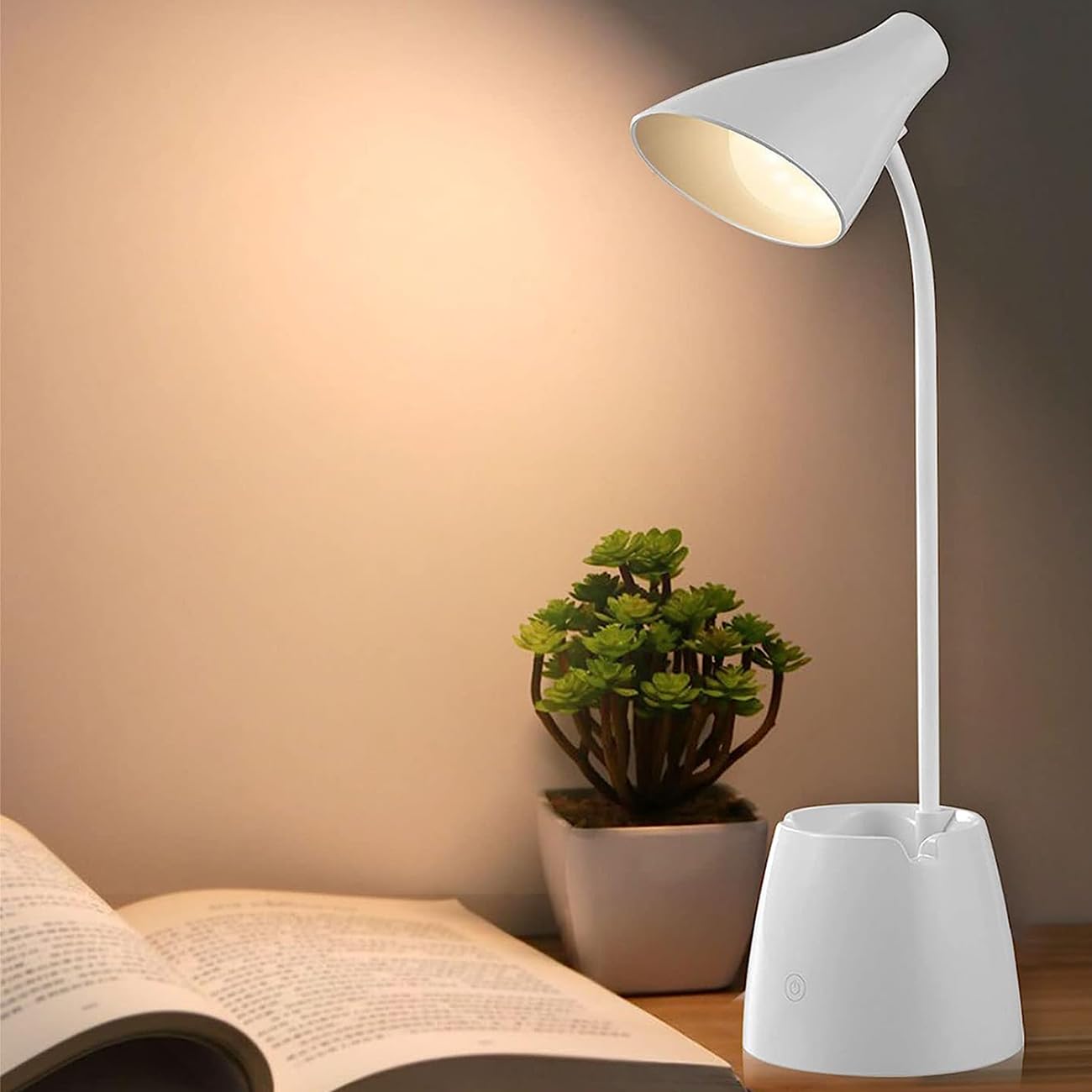 Schreibtischlampe Kinder, 3 Farben Stufenlose Helligkeit Tischlampe Nachttischlampe, 24 LED Augenschonende Bürolampe Leselampe mit Stifthalter, USB-Anschluss Touch Schreibtischleuchte