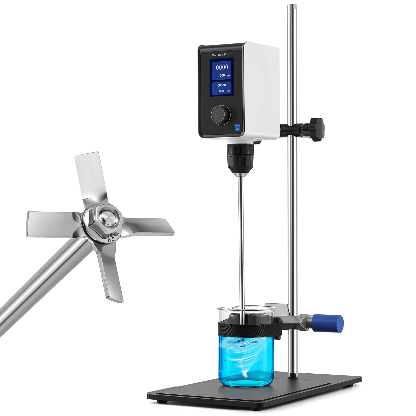 Agitador superior para laboratorio – Mezclador de alta viscosidad de 20 L (10.000 cP), agitador digital de 100-2000 RPM con pantalla LCD, temporizador, impulso de par y abrazadera de vaso