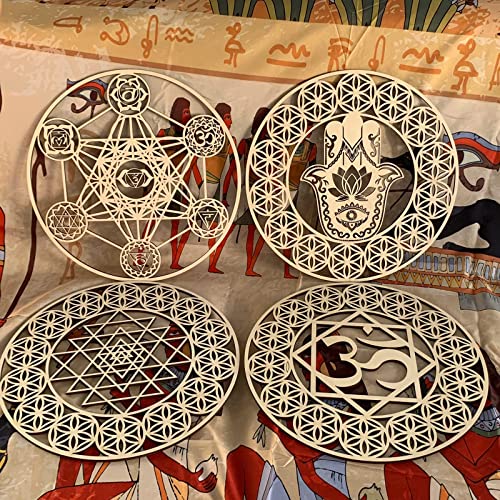 Image of 12 inch Meditation Accessories Wooden Wall Art 4 Pieces Sacred Geometry Seven Chakras Artwork Crystal Grid Board(Flower of Life,Hamsa Hand,Sri Yantra,Union Sun Moon)Home Decor for Yoga Spiritual Gifts