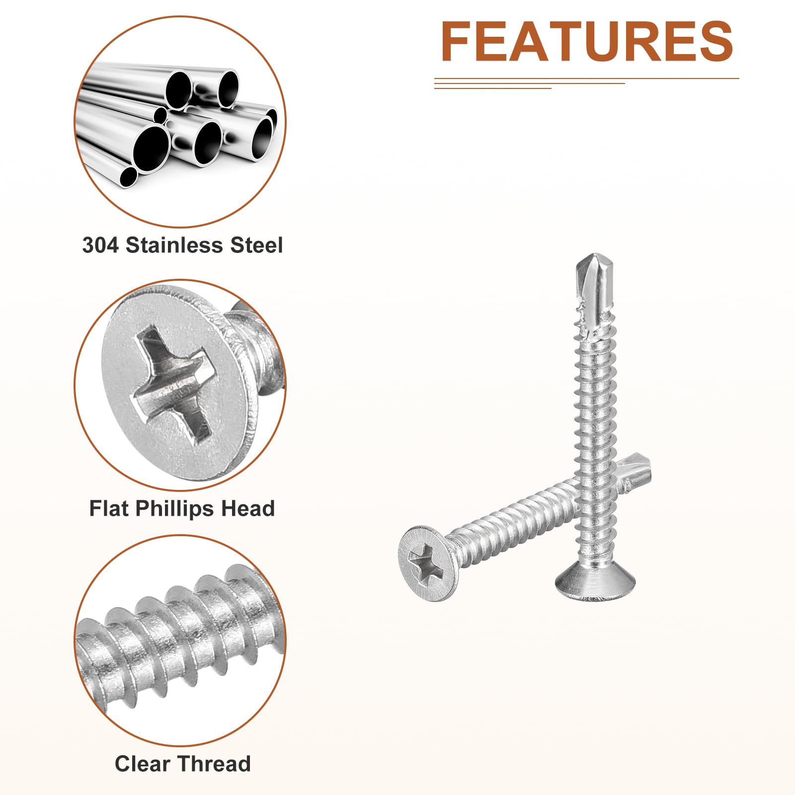 DTGN 100Pcs ST4.8x50mm Self Drilling Screws, 304 Stainless Steel Flat Head Phillips Sheet Metal Screw - Image 4