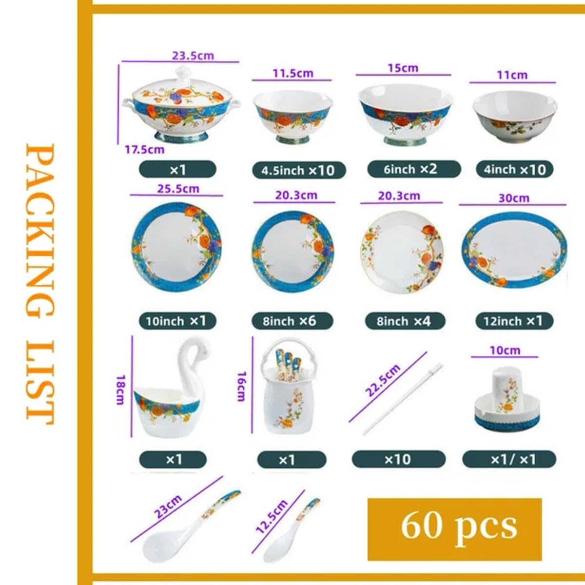 60 Elementów Porcelanowego Zestawu Obiadowego Dla 10-12 Osób, Misek I Talerzy, Wzór Granatu, European Palace, Wysokiej Jakości Zastawa Stołowa, Prezent, Przybory Kuchenne